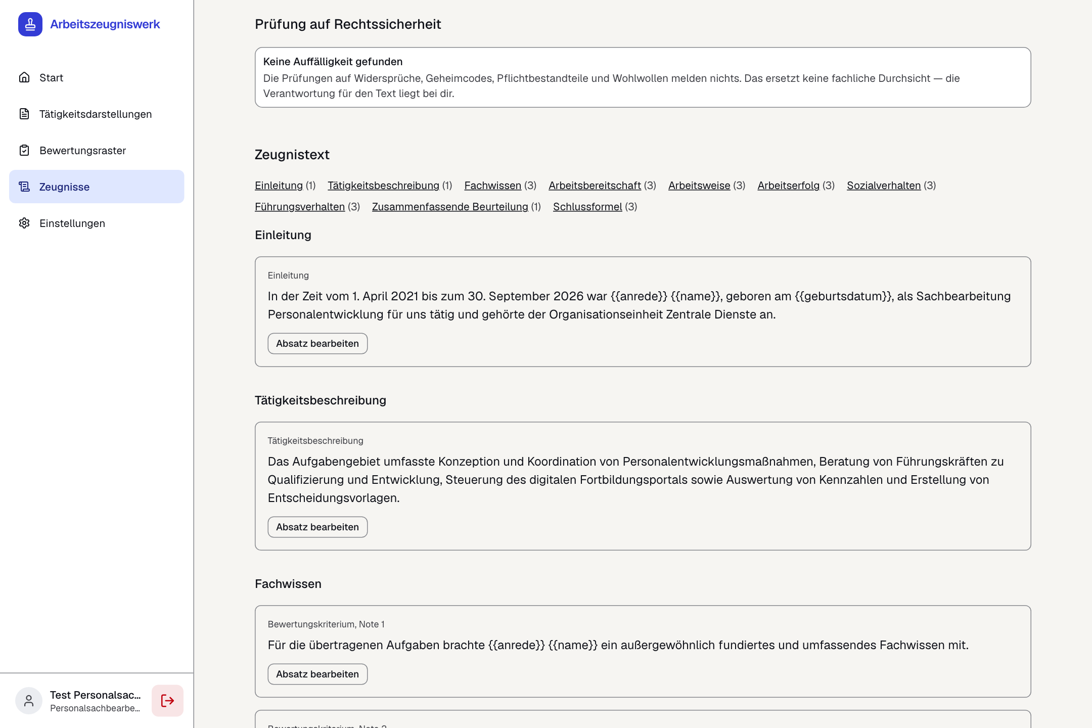Zeugnistext-Ansicht in Arbeitszeugniswerk